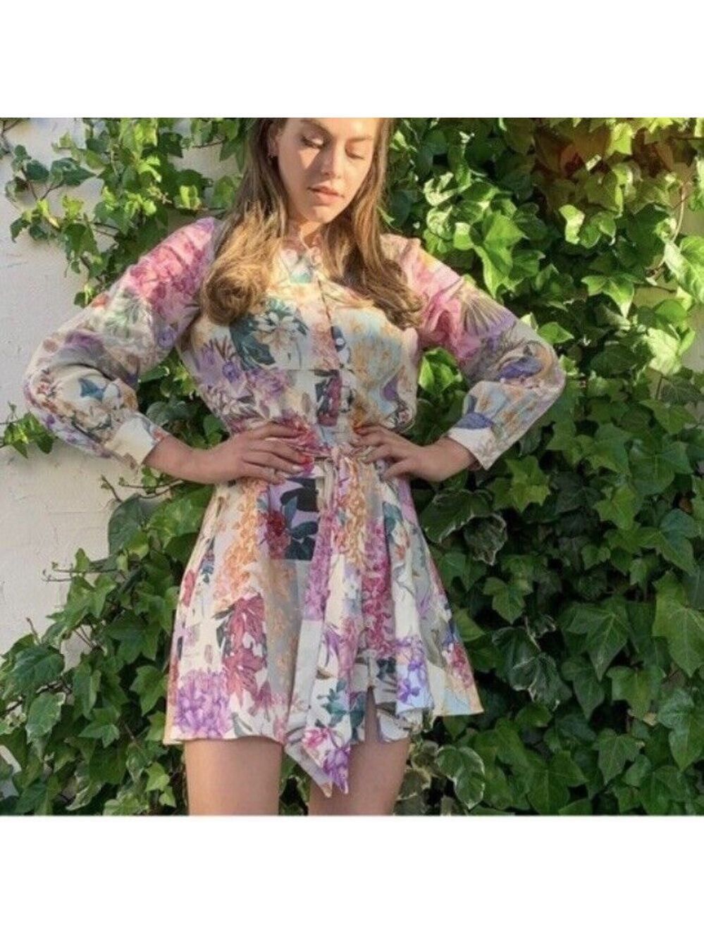 Zara Linen Blend Floral Print Belted Button Front Long Sleeve Mini Dress - Picture 7 of 16